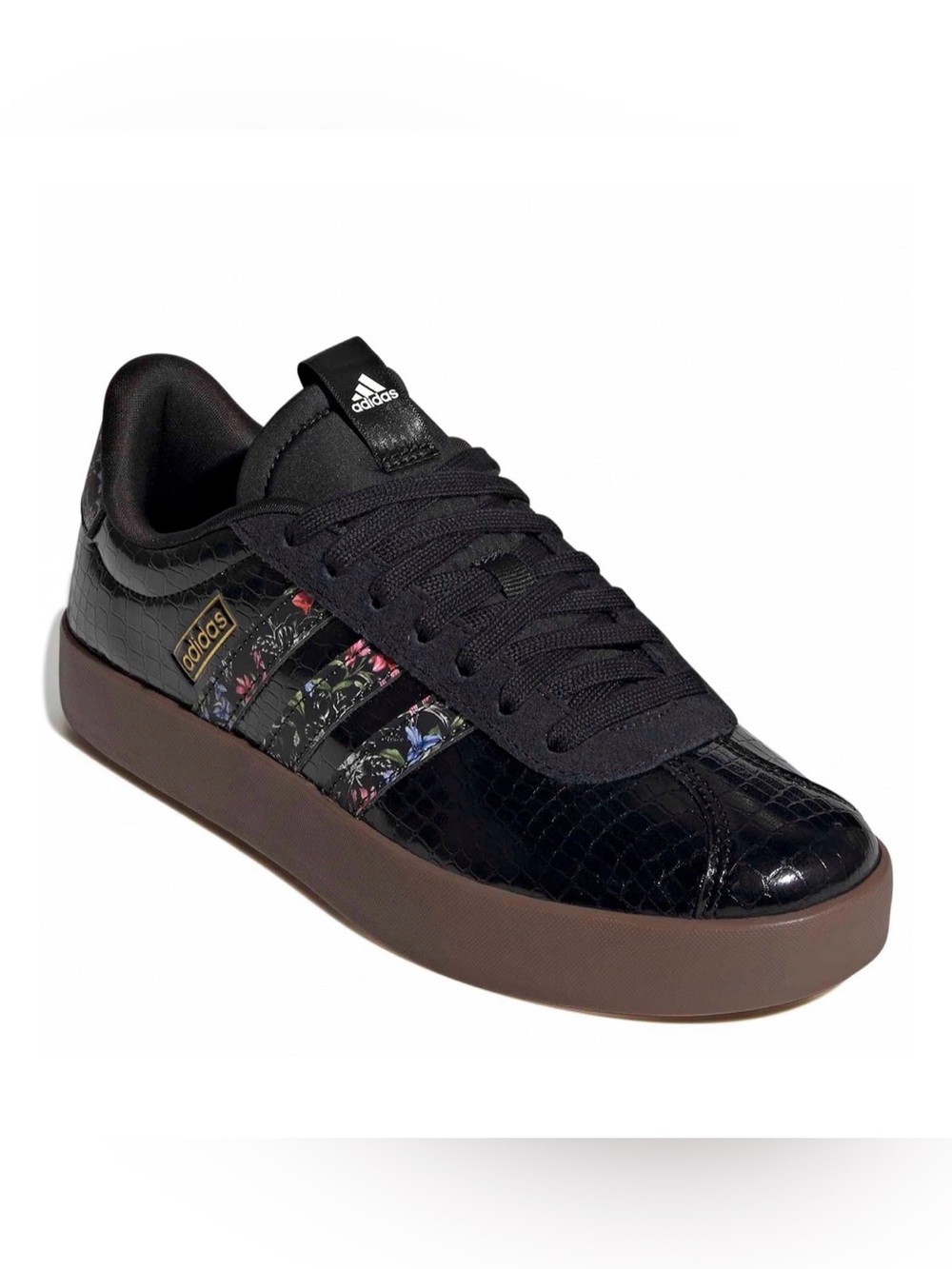 adidas Black Faux-Croc Low-Top Sneakers with Floral Stripe Accents